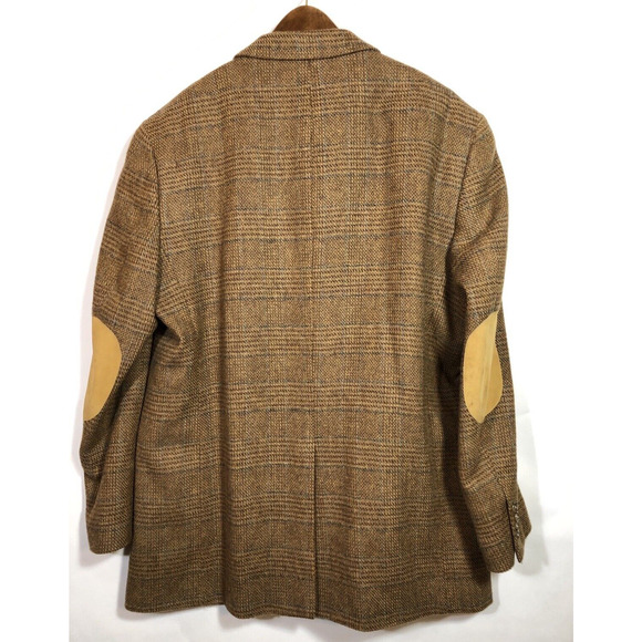 Tweed Plaid Blazer Brown and Blue 46 Two-Button Wool Academia Elbow Patches - Picture 9 of 14